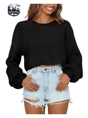 Cropped Lantern Sleeve Sweater Women Loose Crewneck Pullover